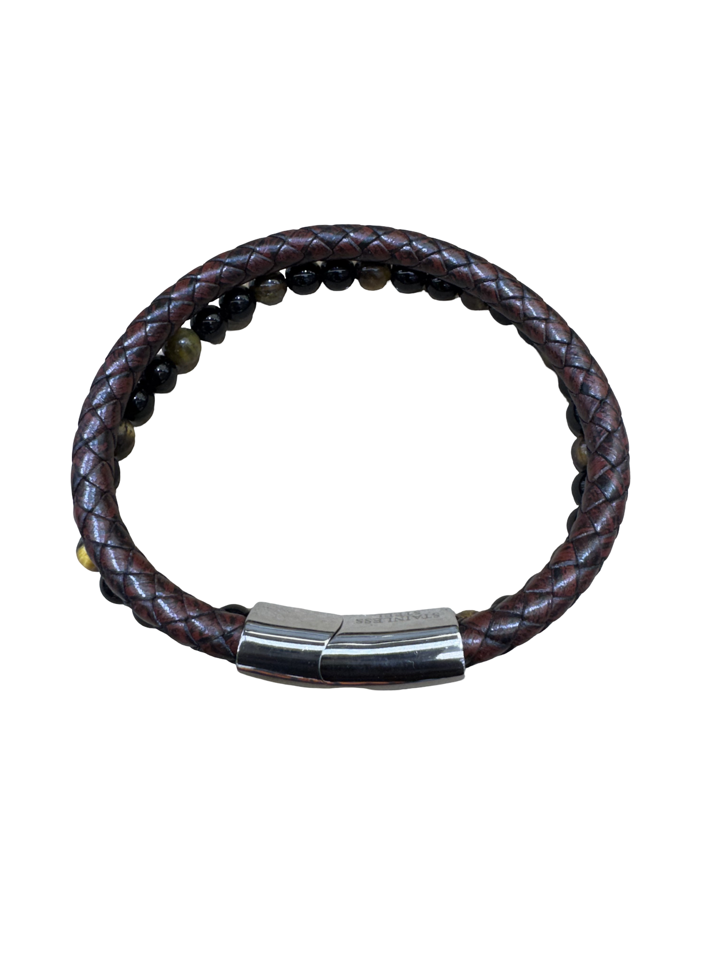 Braided Leather Bracelet with Gold-Tone Clasp
