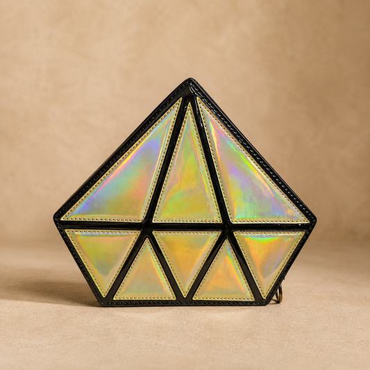 Holographic geometric clutch on a beige background