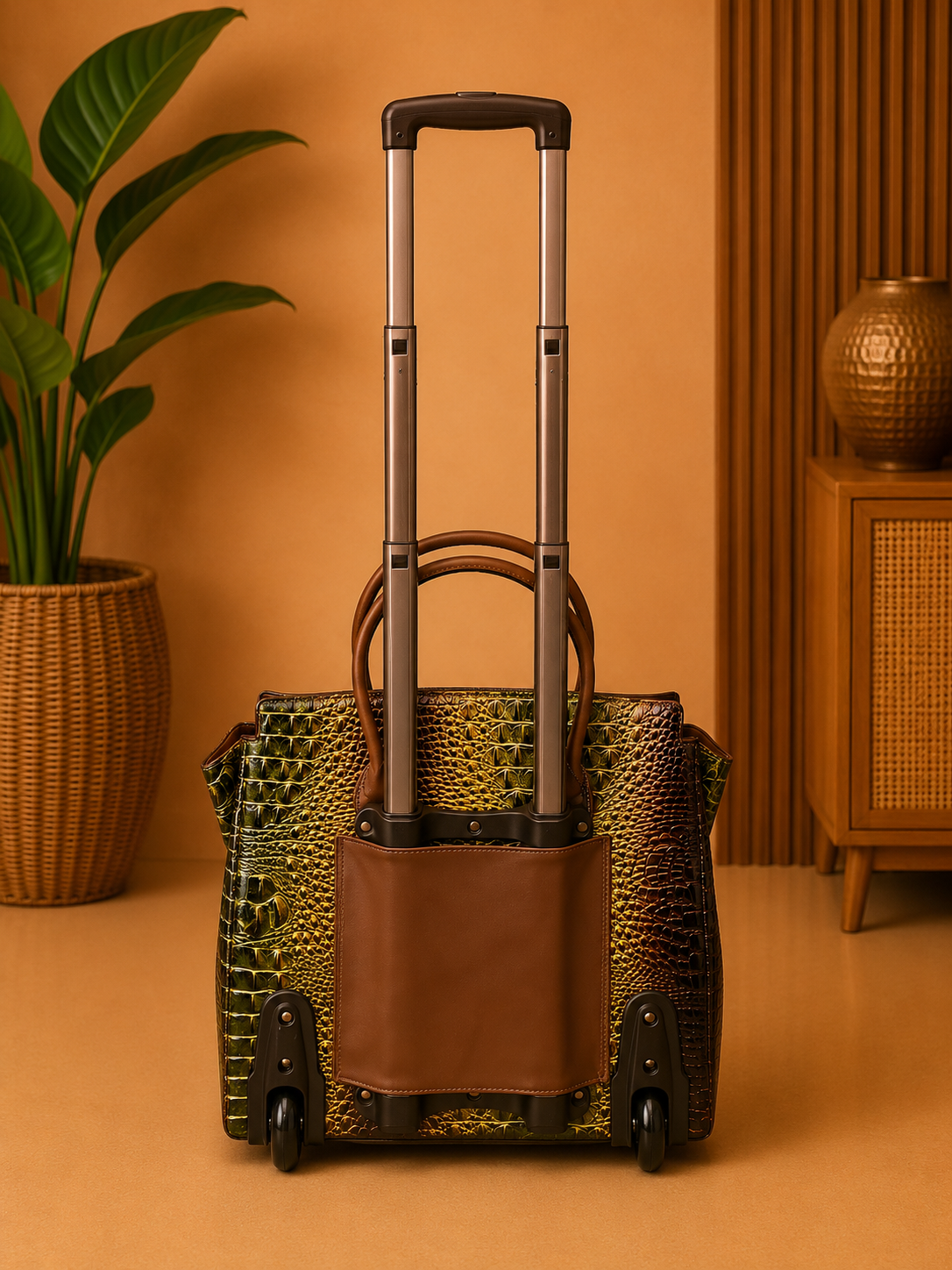 Brown suitcase with green textured pattern on a wooden floor against an orange wall.