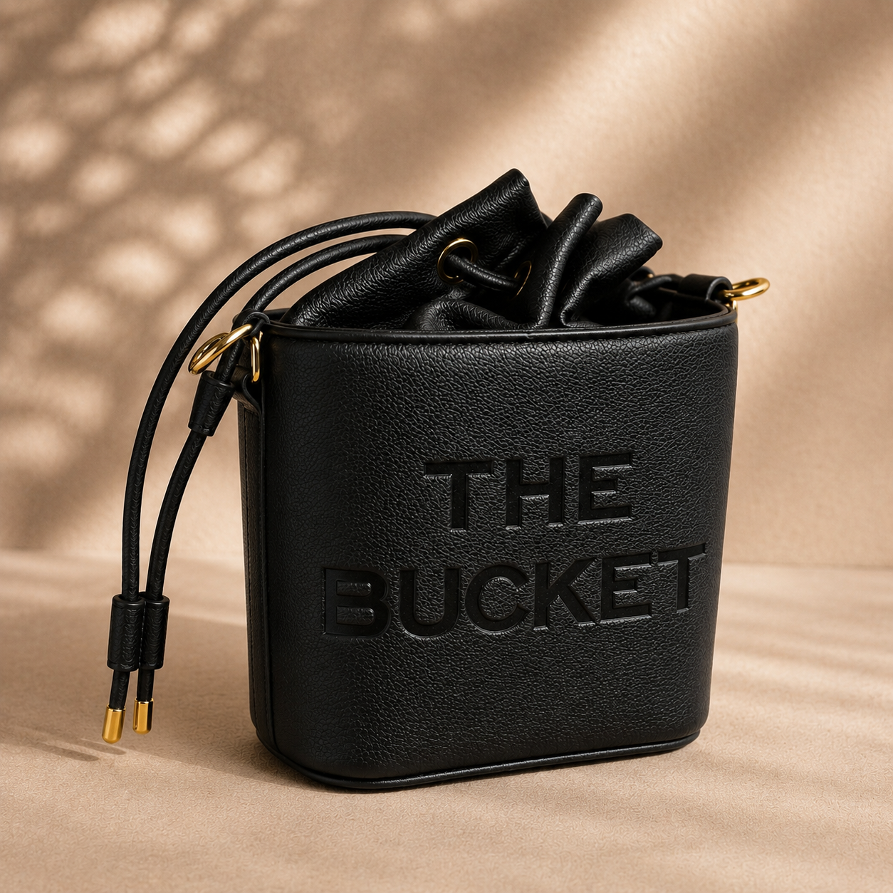 Black leather bucket bag with 'THE BUCKET' embossed on it, on a beige background