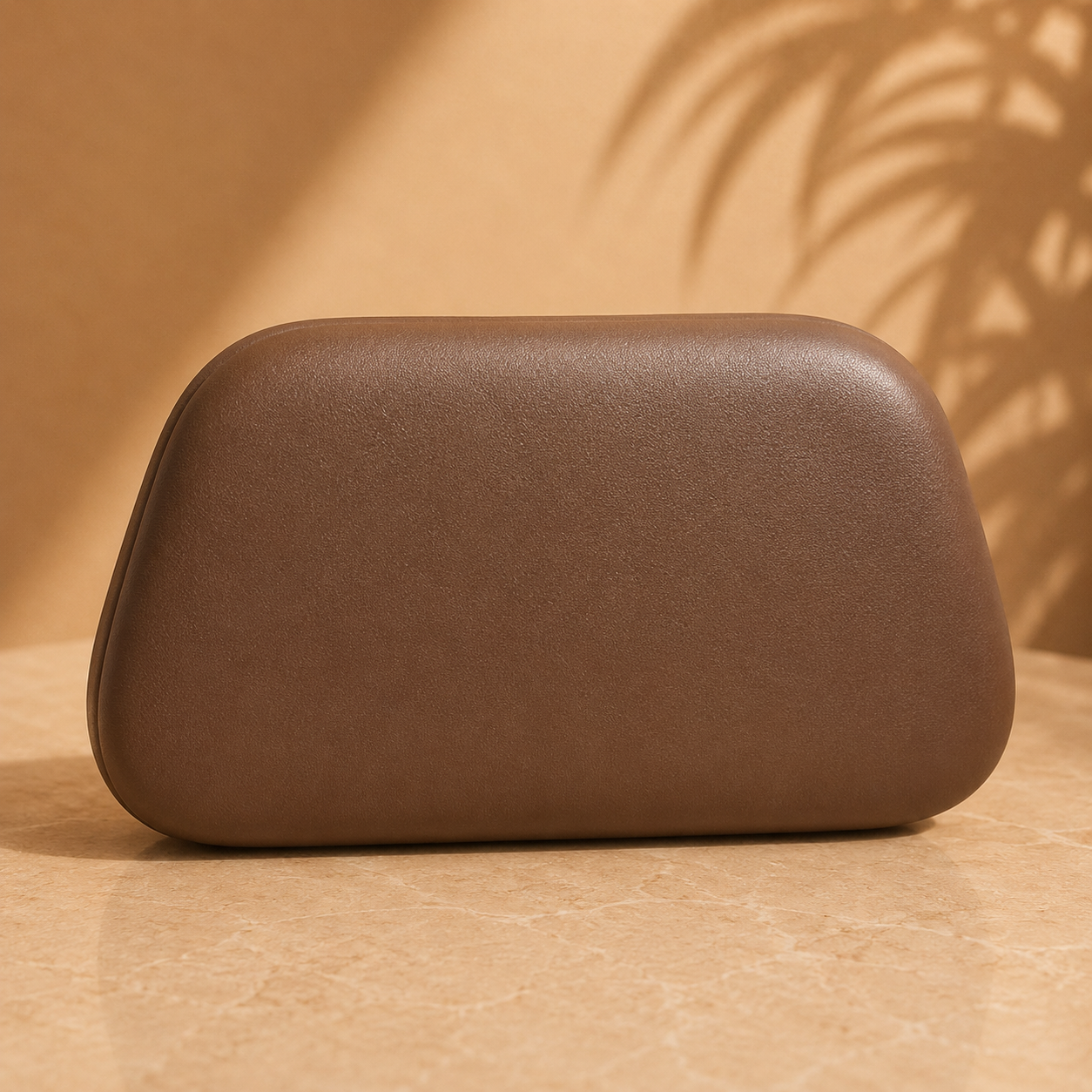 Brown clutch on a beige surface with a warm background
