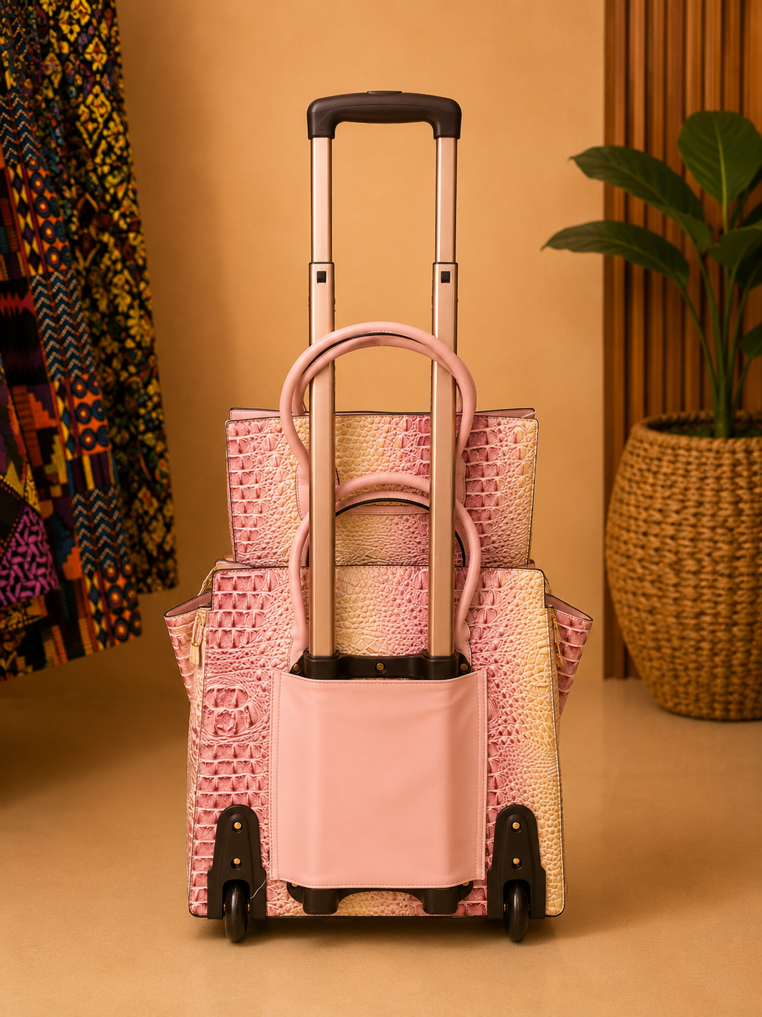 Pink and wicker patterned suitcases on a beige background