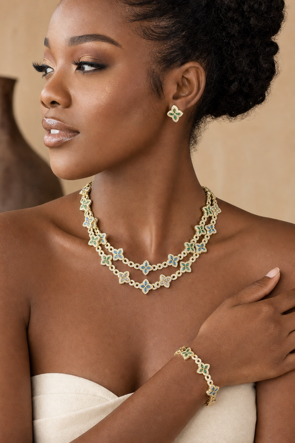 Gold Clover-Motif Layered Statement Necklace