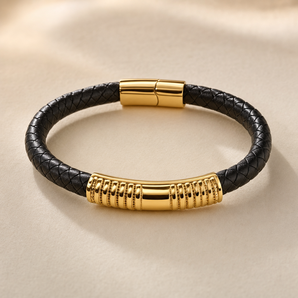 Braided Leather Bracelet with Gold-Tone Clasp