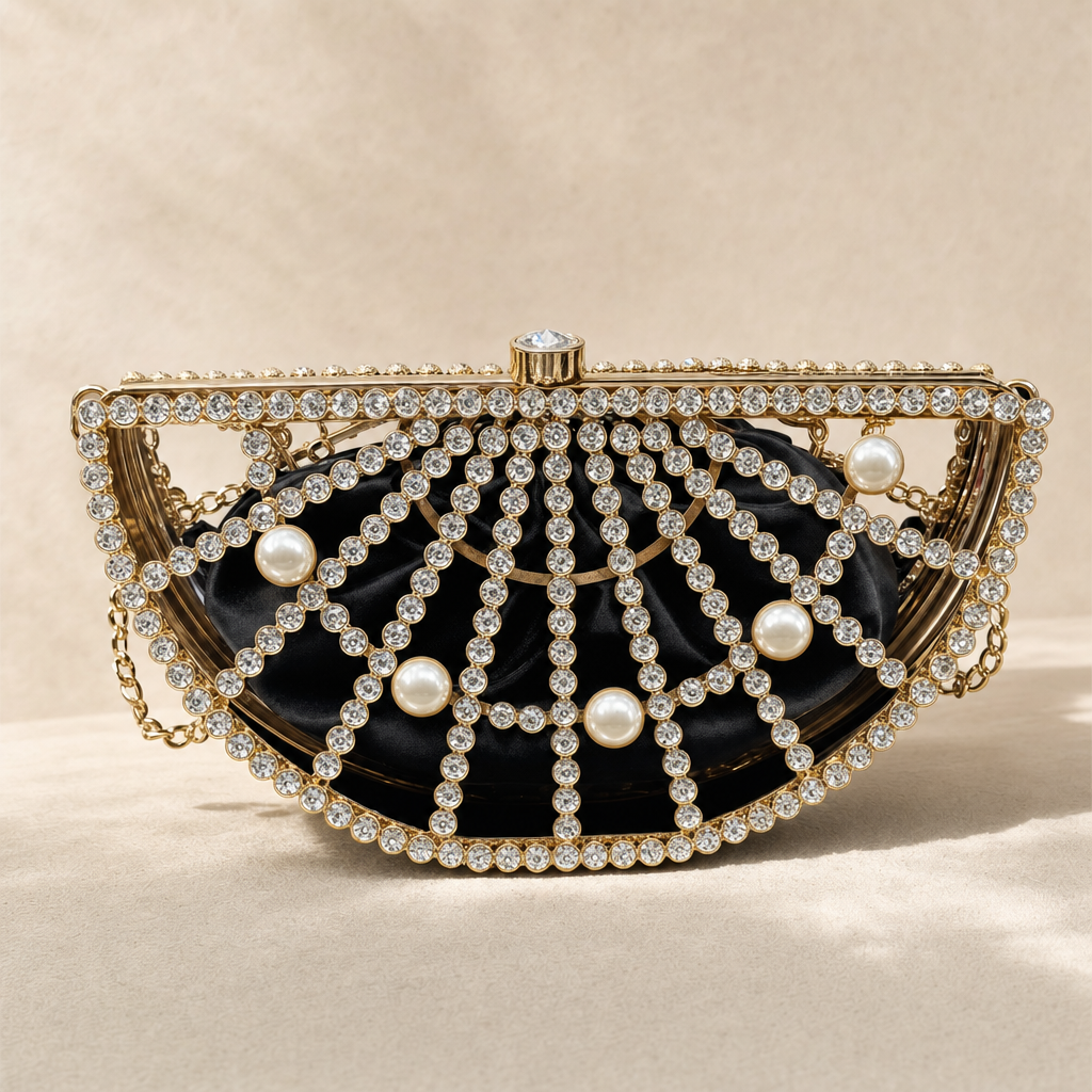 Celeste — Crystal & Pearl Half-Moon Clutch