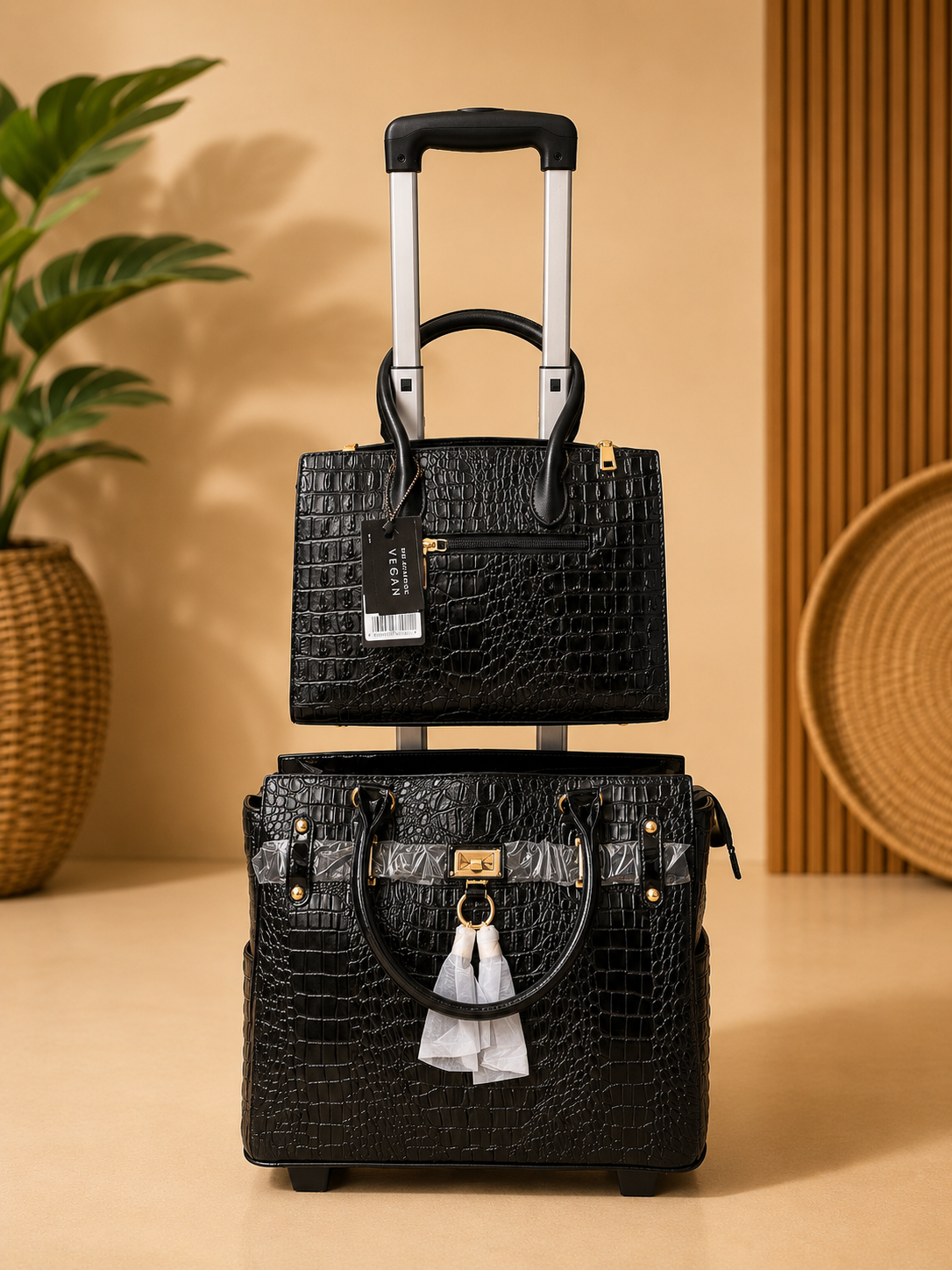 Black crocodile-patterned handbag and suitcase on a beige background