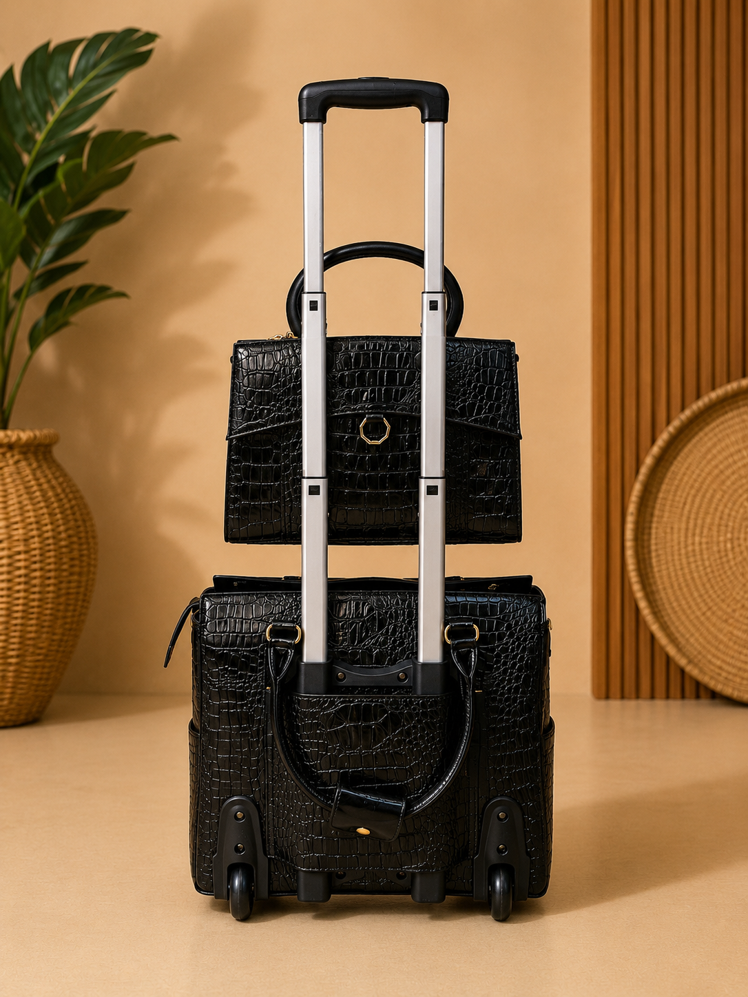Black crocodile-patterned suitcase with a smaller matching bag on a beige background