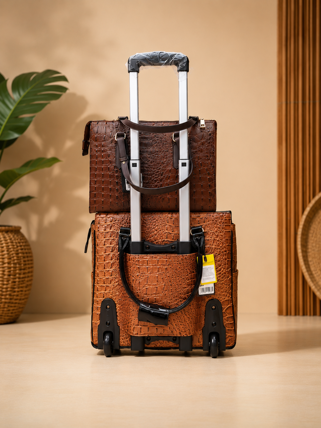 Two brown textured suitcases stacked on a beige surface with a plant in the background