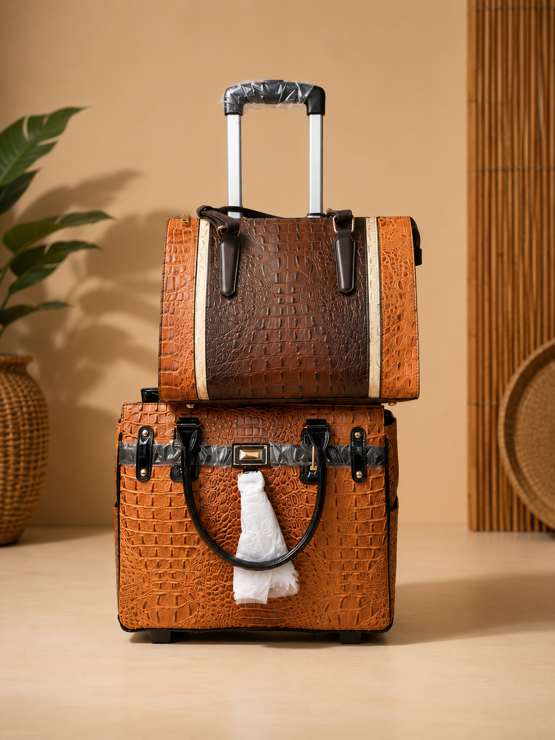 Two brown textured suitcases stacked on a beige surface with a plant and woven basket in the background.