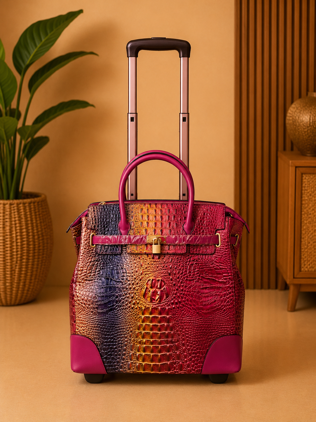 Colorful textured handbag with a matching suitcase on a beige background