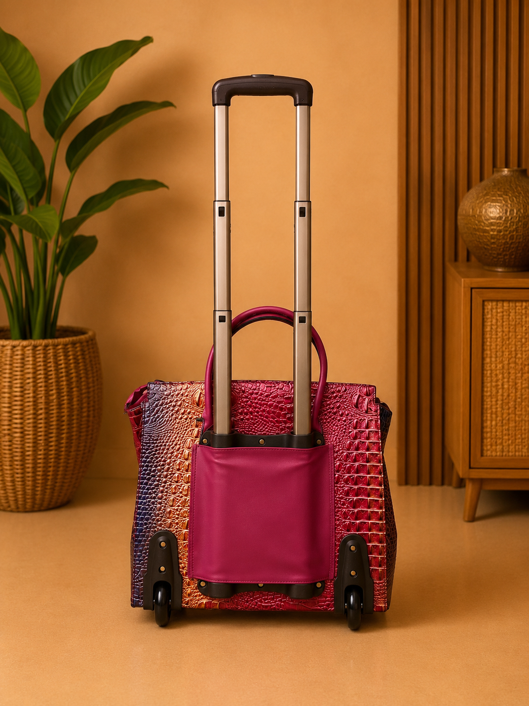 Pink textured handbag with wheels on a beige surface with a plant and cabinet in the background