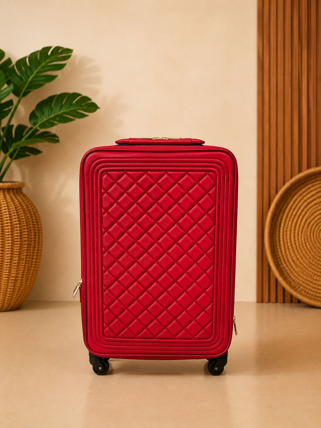 Red quilted suitcase on a beige surface with a plant and woven basket in the background