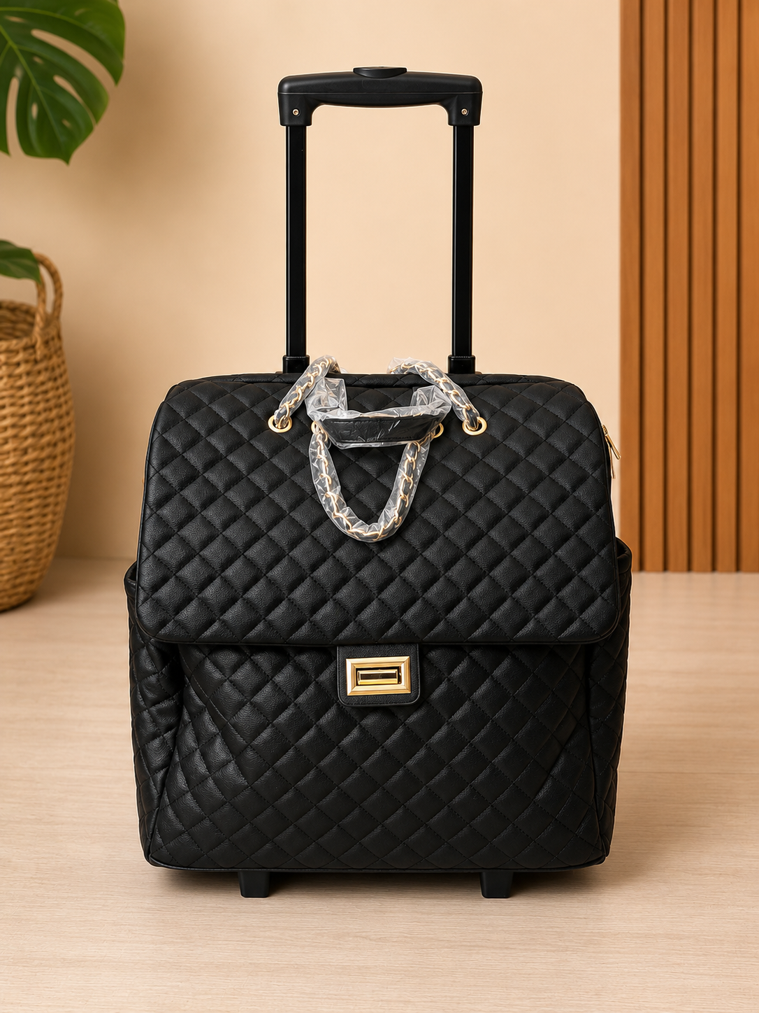 Black quilted suitcase with a chain handle on a beige surface.