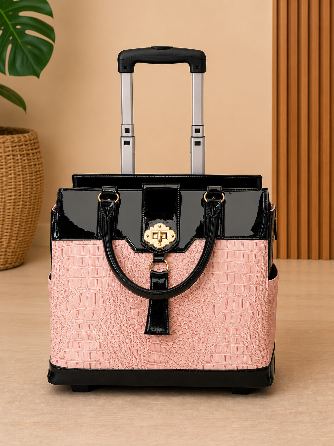Pink textured suitcase with black accents on a wooden surface