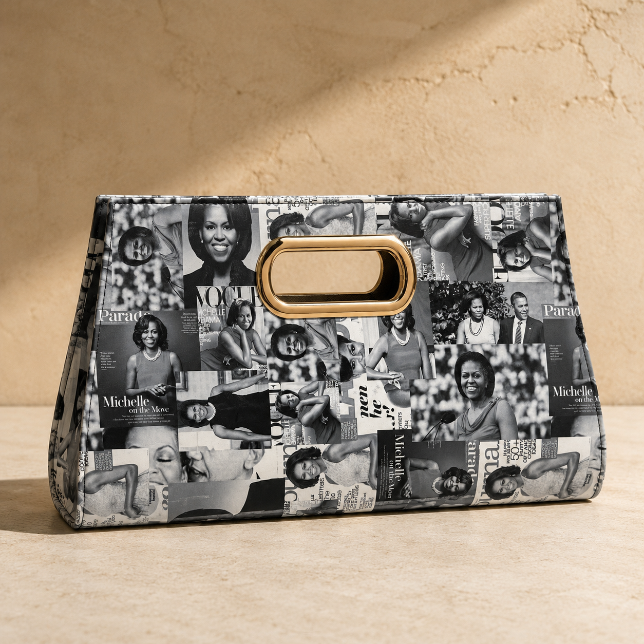 Clutch with a collage design featuring images of a woman on a beige background