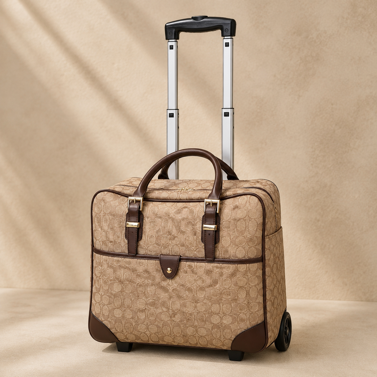 Beige suitcase with brown accents on a beige background