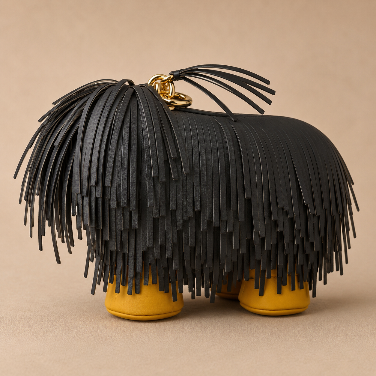 Black fringed handbag with yellow base on a beige background