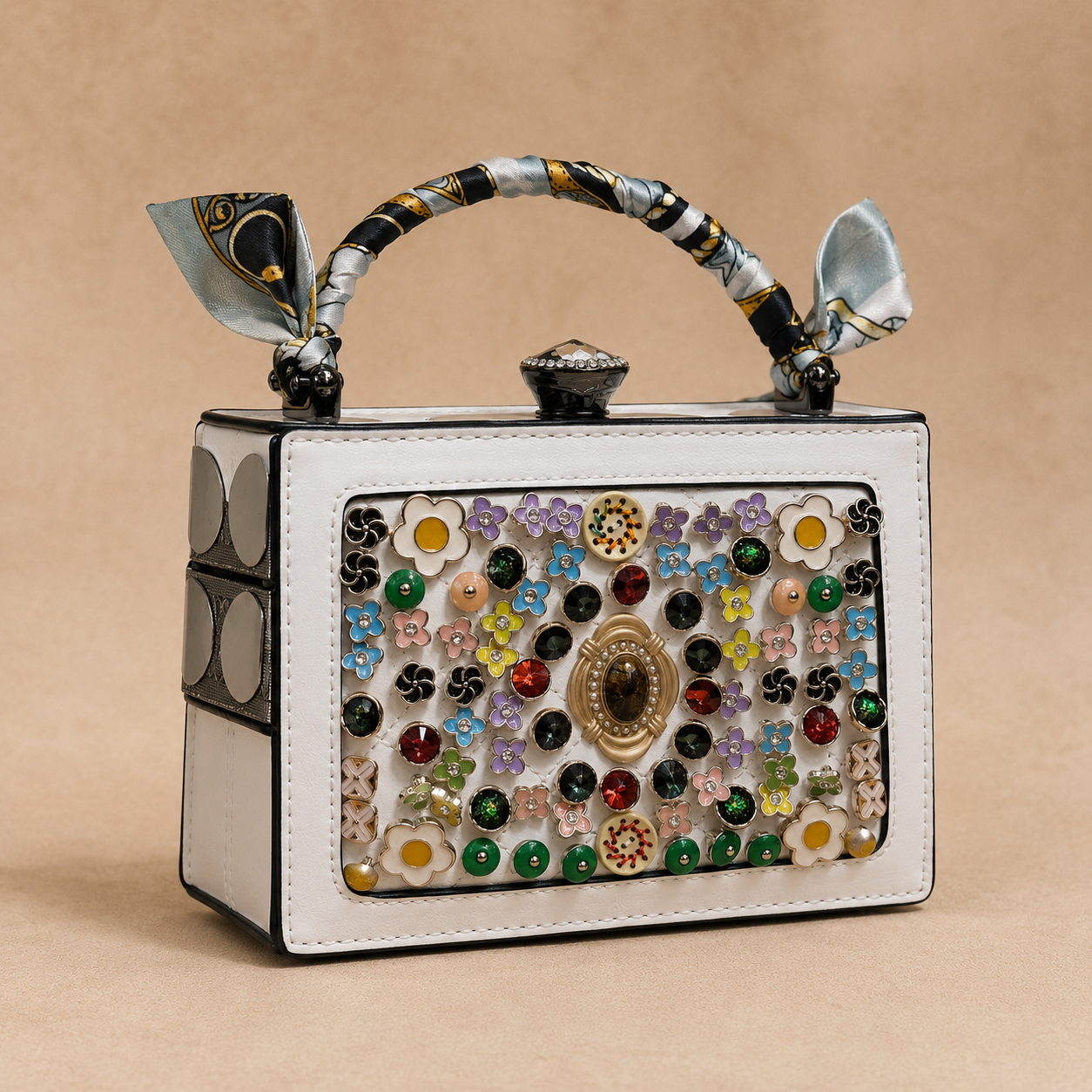 Decorative handbag with floral embellishments on a beige background