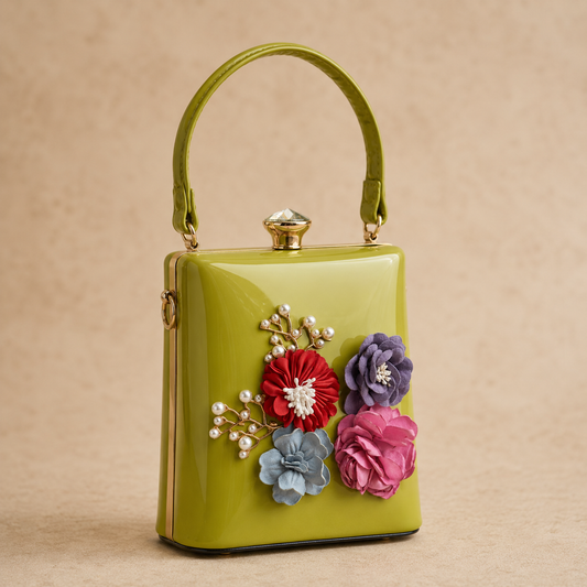 Green handbag with floral decorations on a beige background