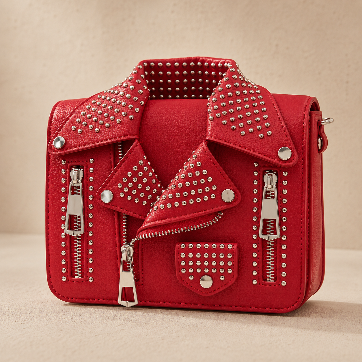 Red studded handbag on a beige background