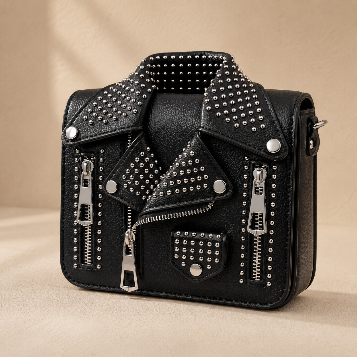 Black studded handbag on a beige background