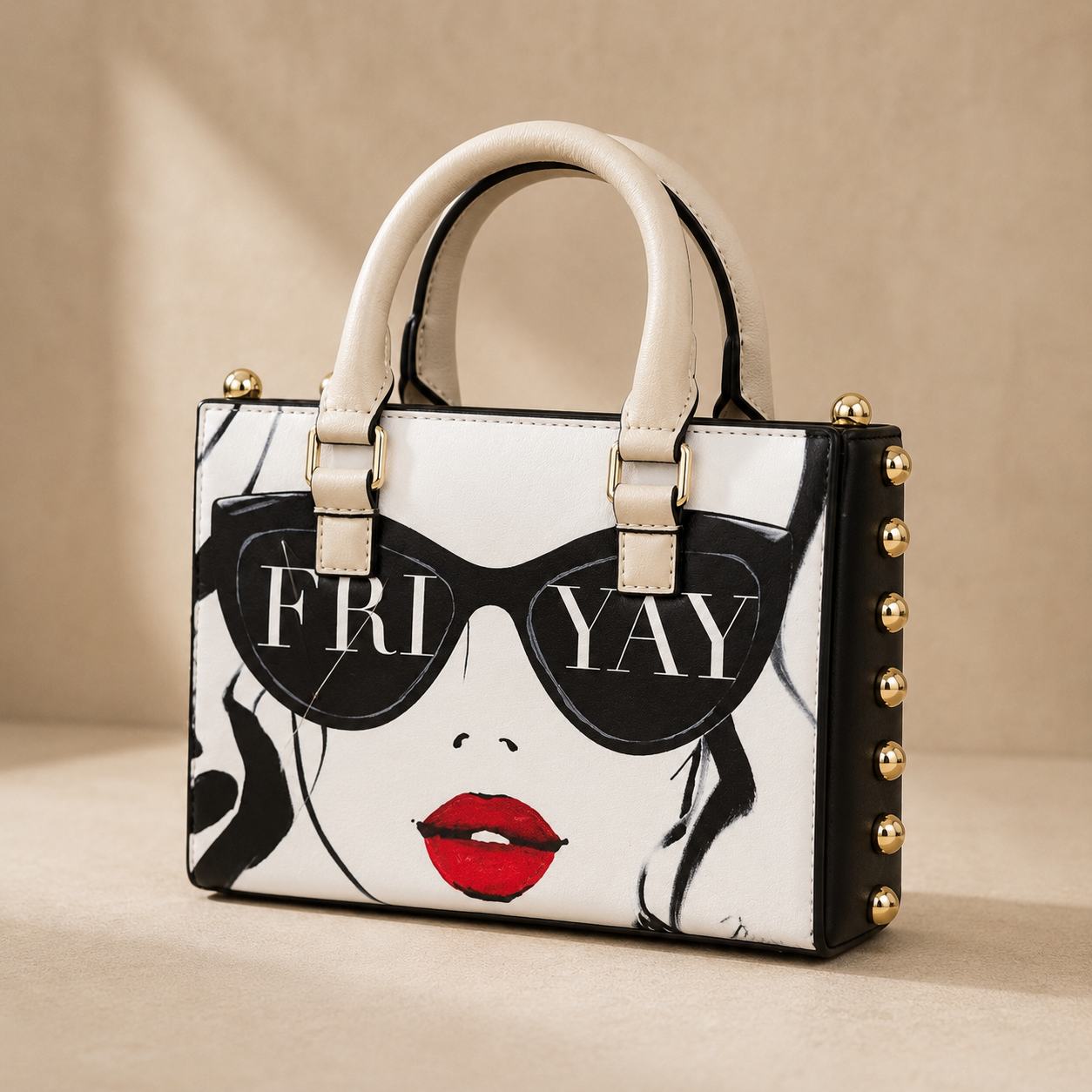 Handbag with sunglasses design and 'FRI YAY' text on a beige background