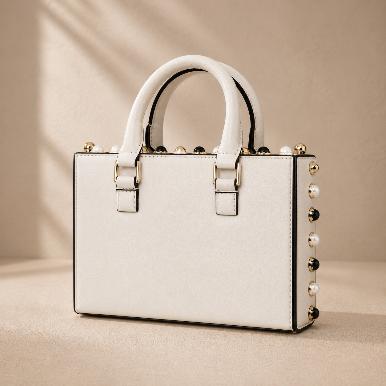 White handbag with pearl embellishments on a beige background