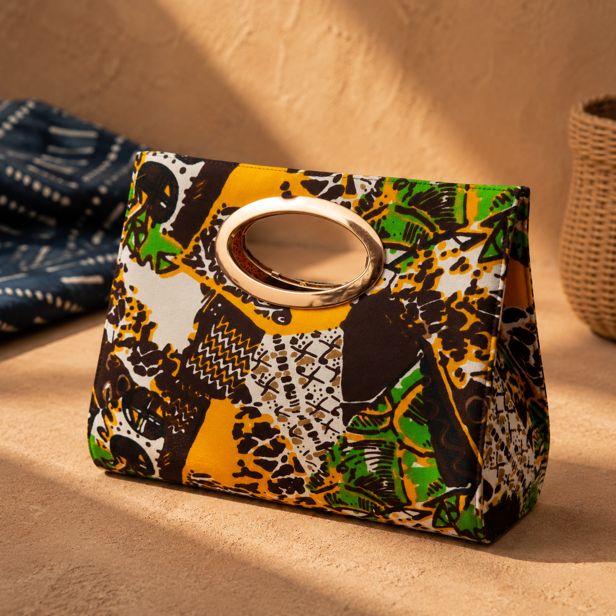 African Wax Print Oval Handle Clutch