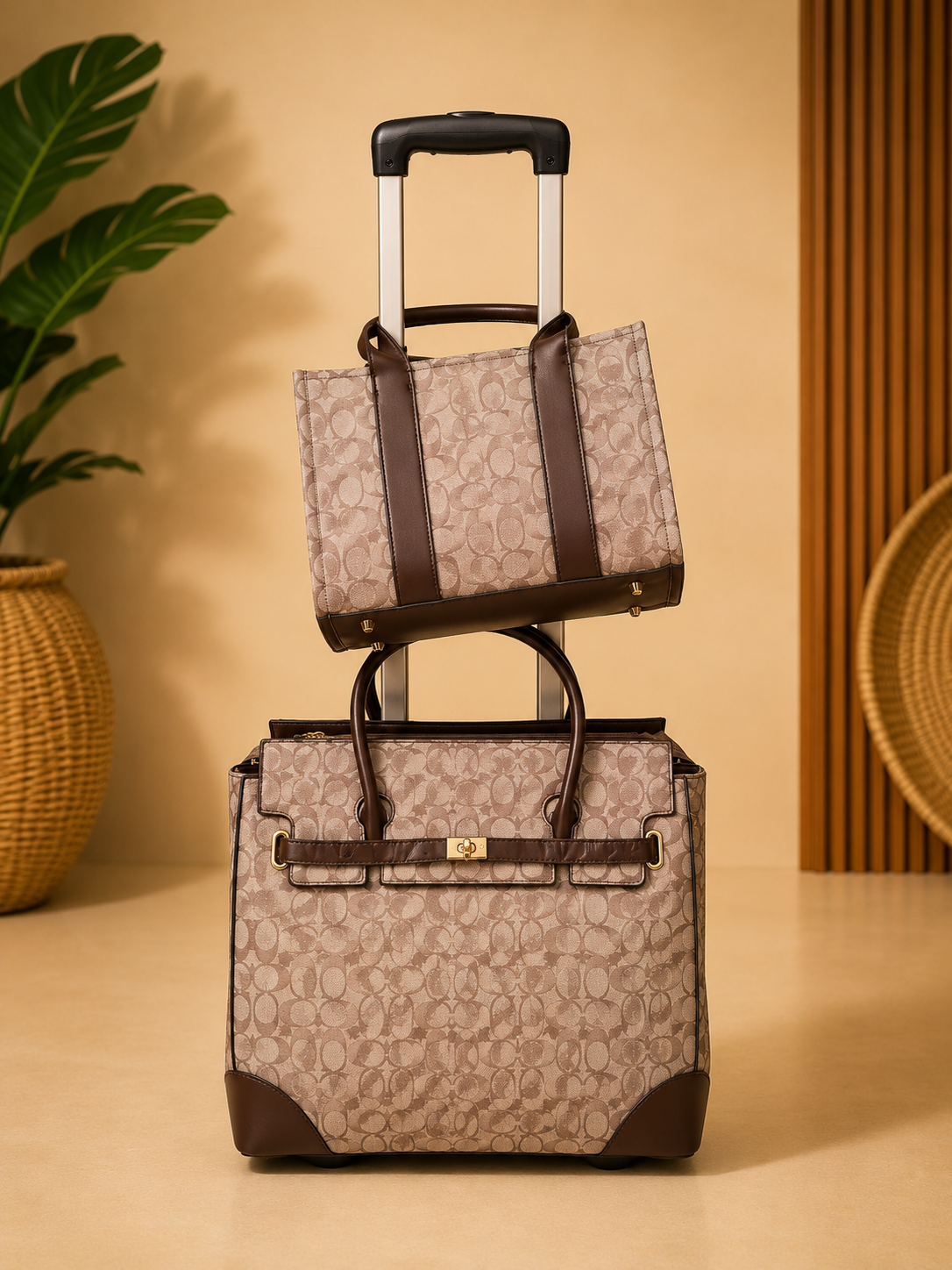 Two patterned handbags stacked on a beige surface with a plant and woven basket in the background.
