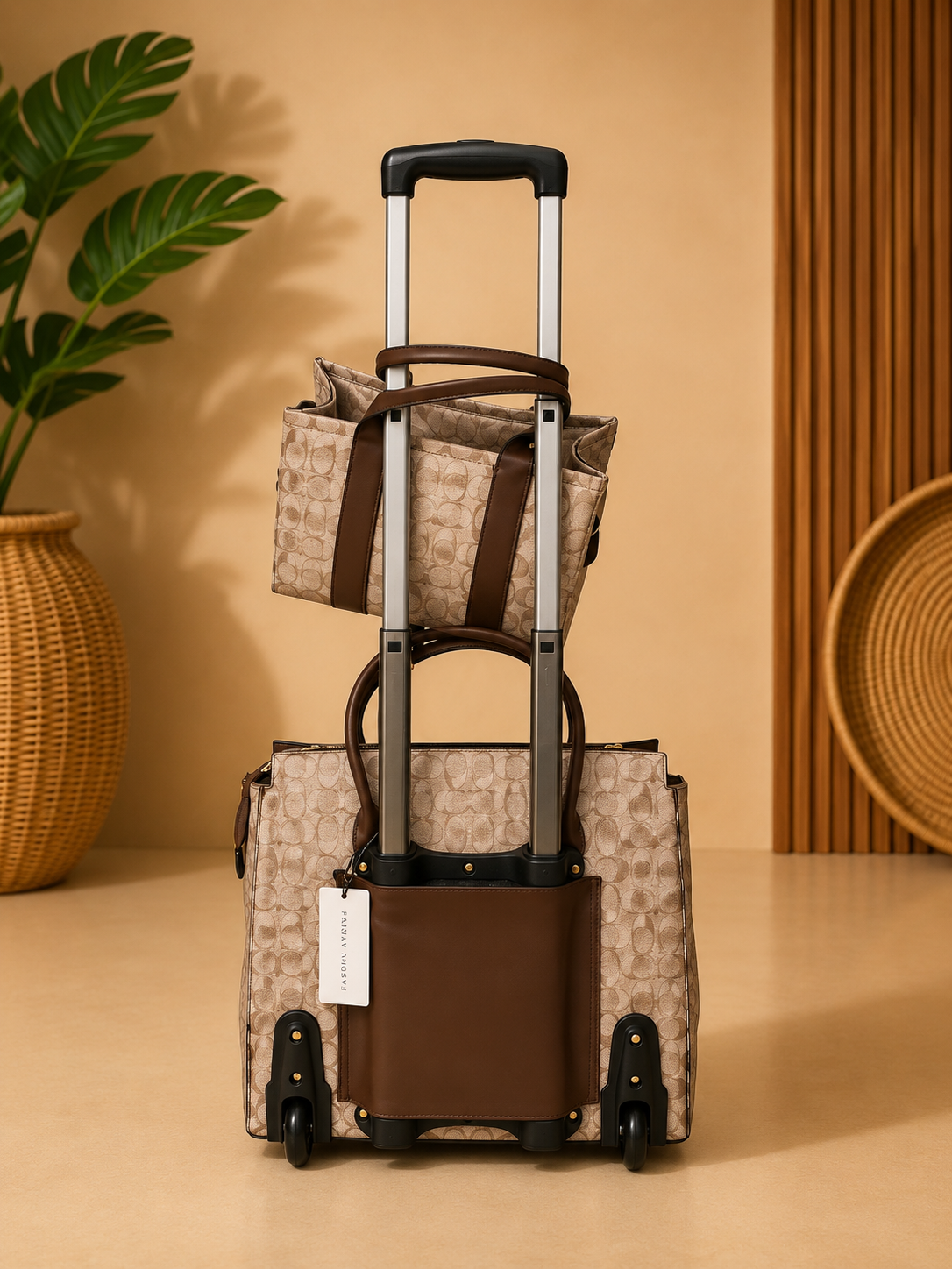 Stack of patterned bags with wheels on a beige surface, with a plant and woven basket in the background.