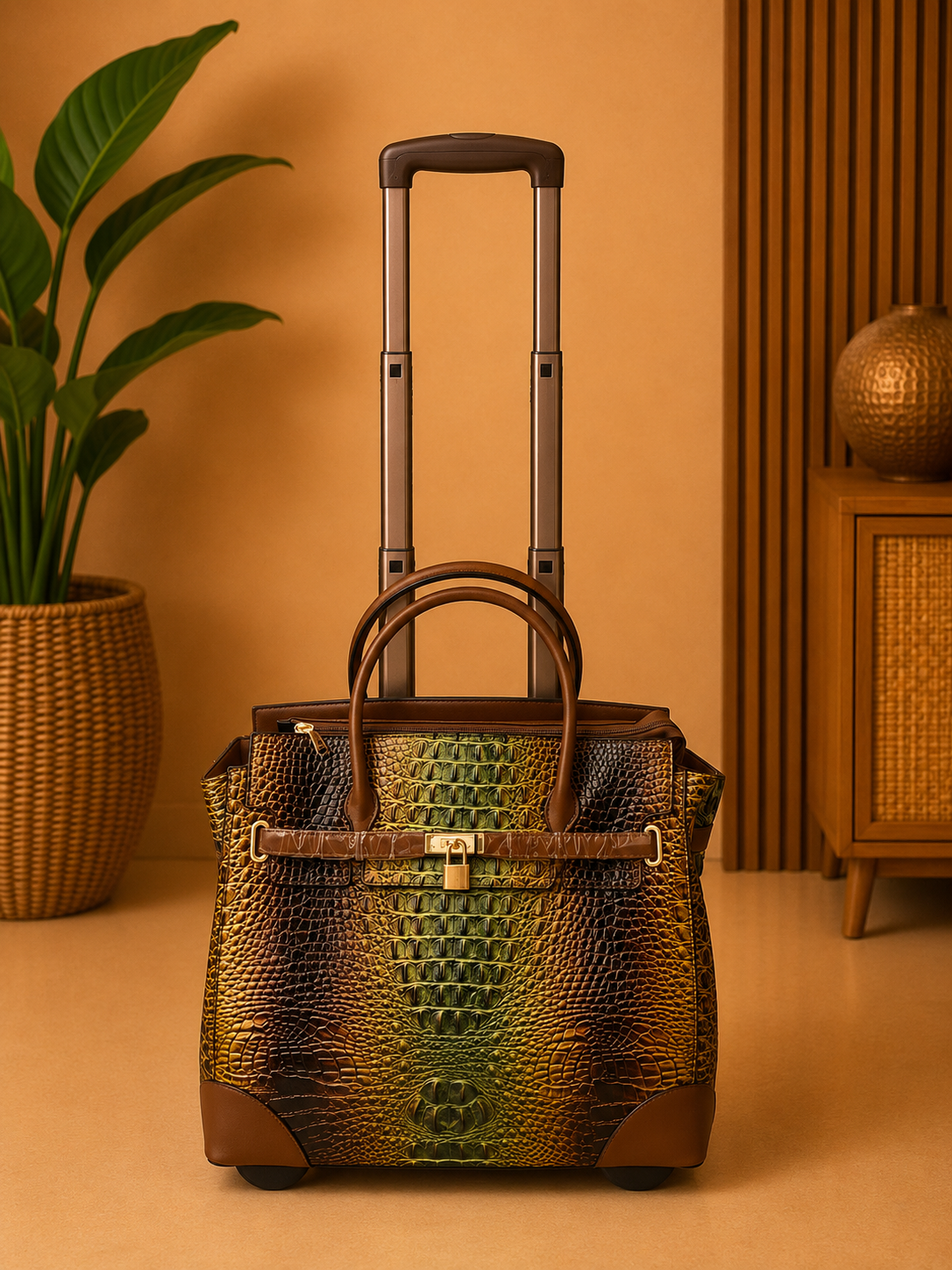 Brown textured suitcase with wheels on a beige background