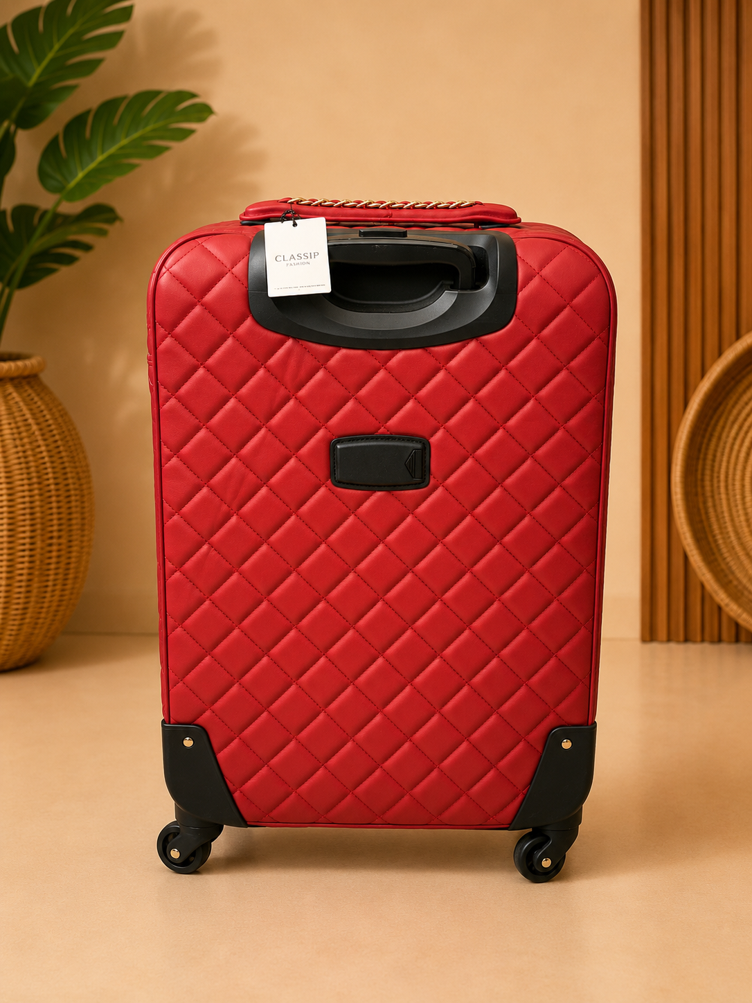 Red quilted suitcase with a black handle on a beige background