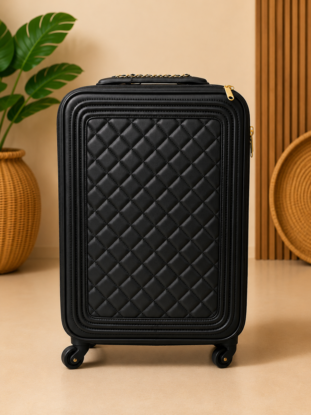 Black quilted suitcase on a beige surface with decorative elements in the background