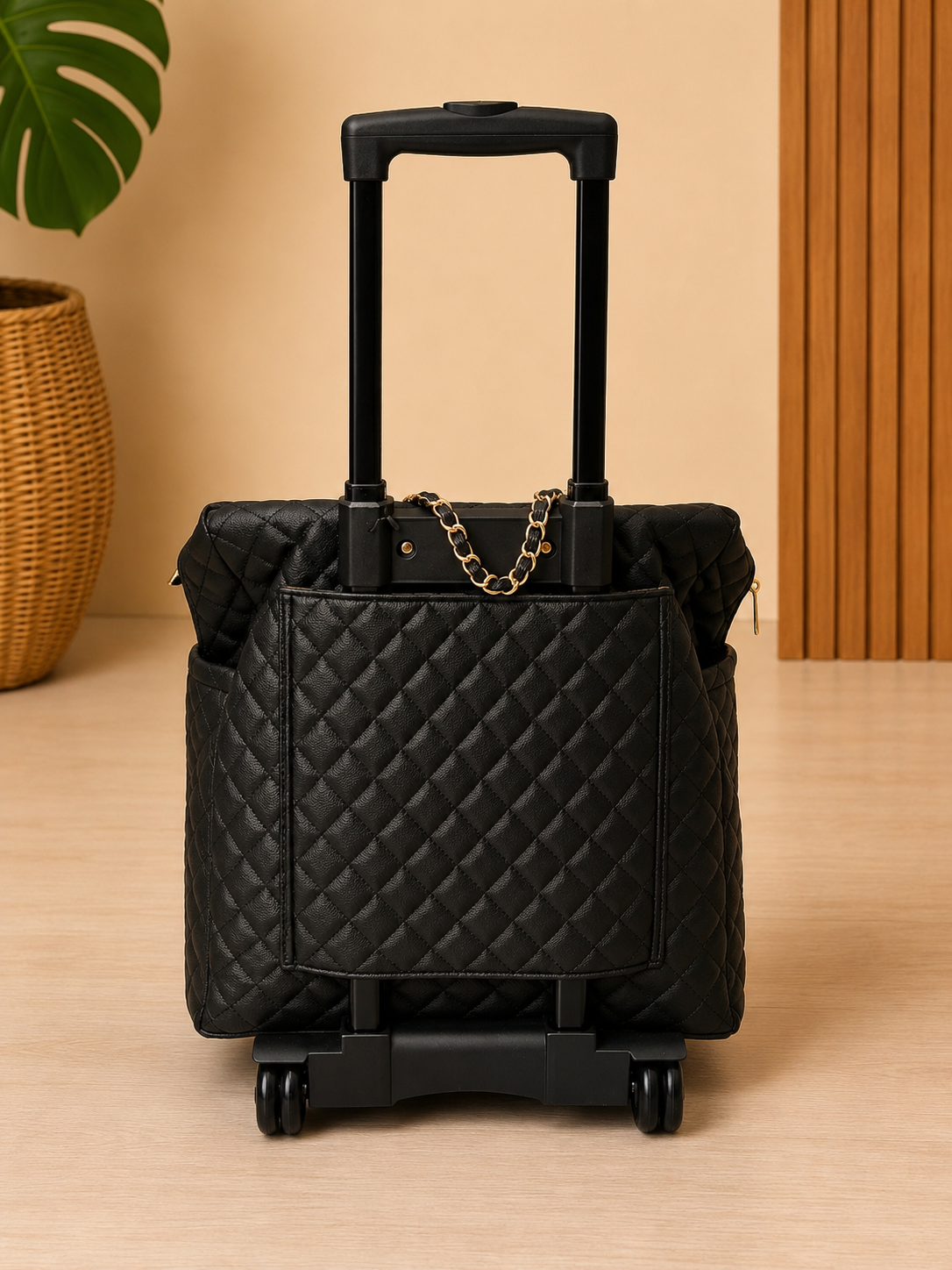 Black quilted rolling bag on a wooden floor with a beige wall and plant in the background