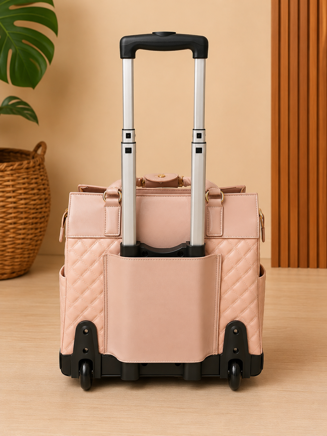 Pink quilted suitcase with a handle on a wooden floor.