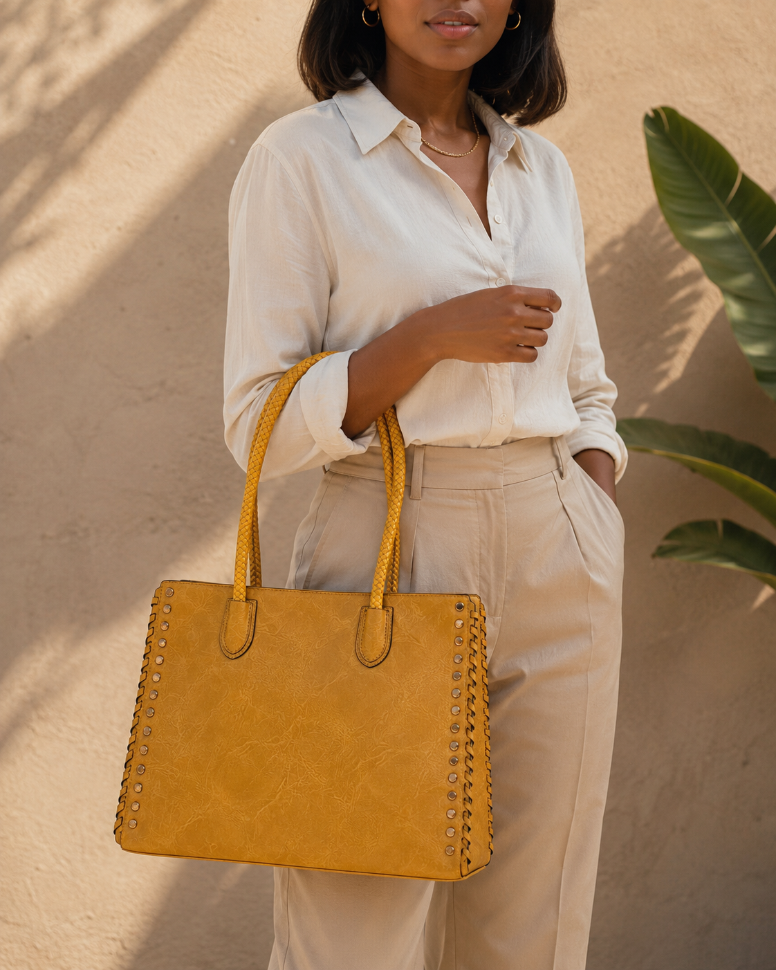Woman holding a mustard yellow handbag against a beige wall with a plant in the background