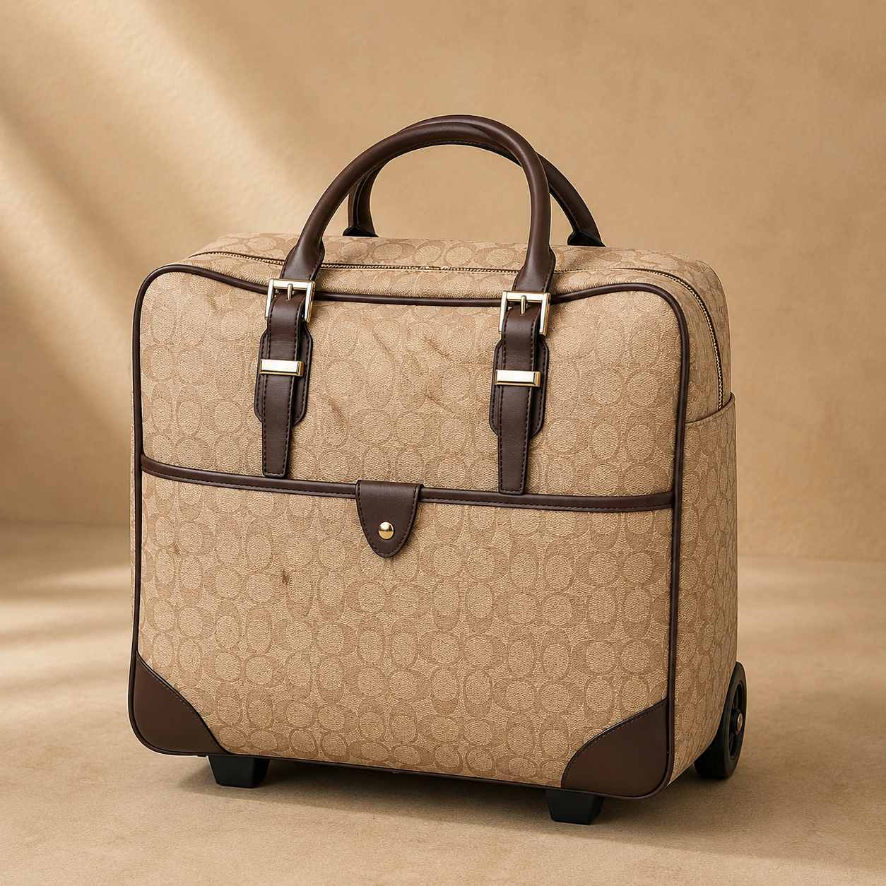 Beige suitcase with brown accents on a beige background