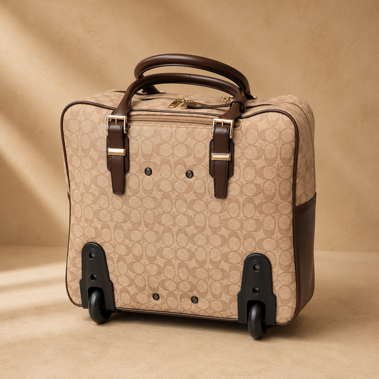 Beige suitcase with brown handles and wheels on a beige background