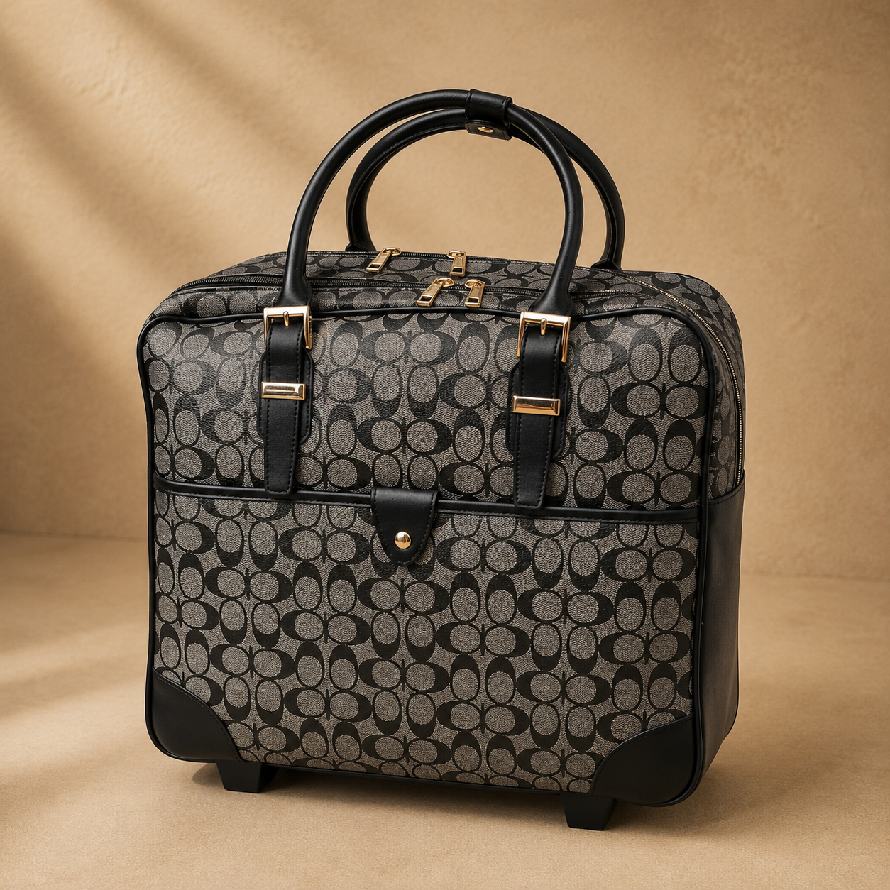 Patterned suitcase with black handles and trim on a beige background