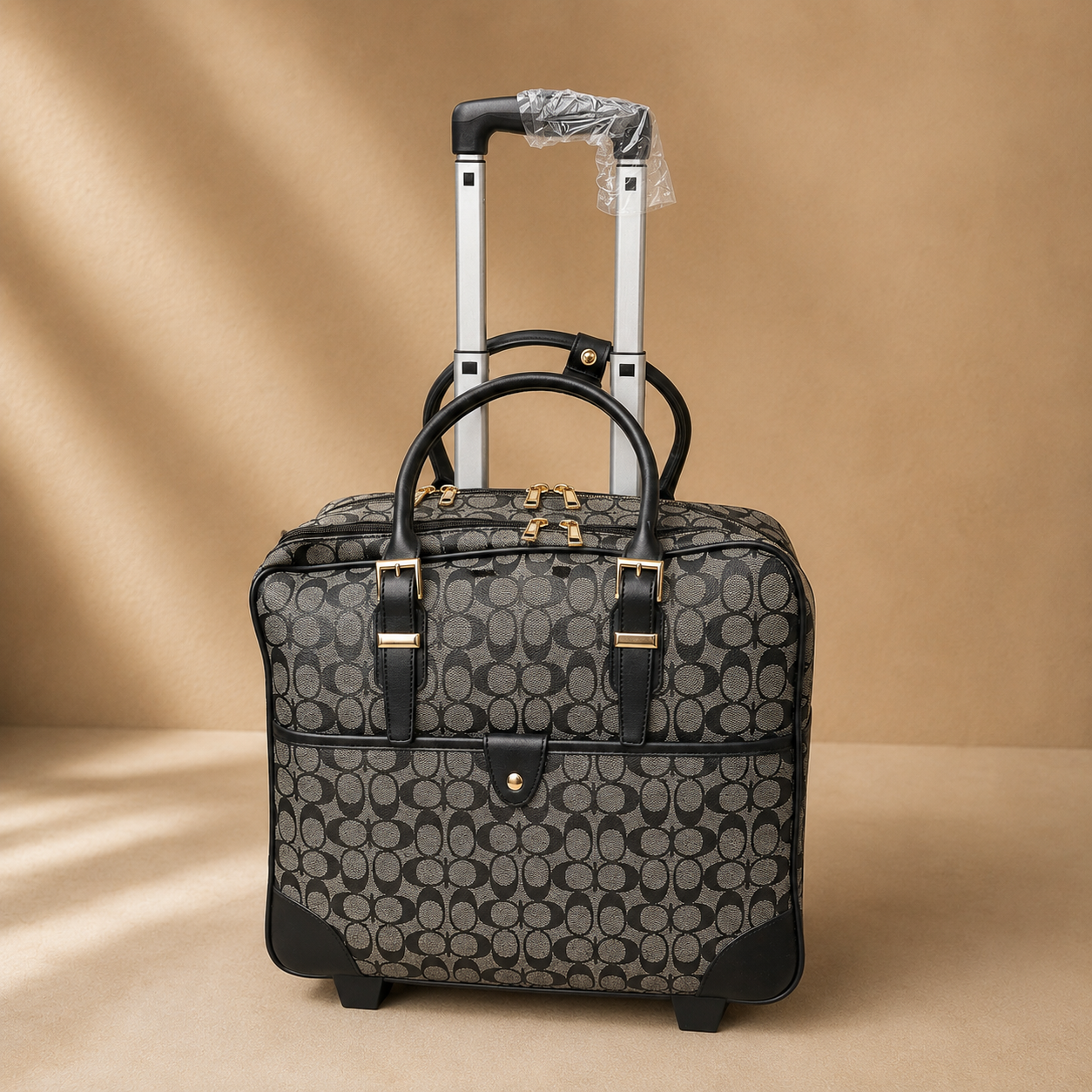 Patterned suitcase with handle on a beige background