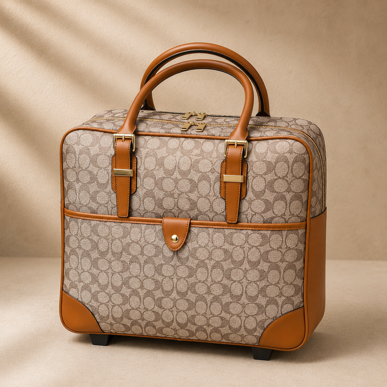 Patterned suitcase with brown accents on a beige background