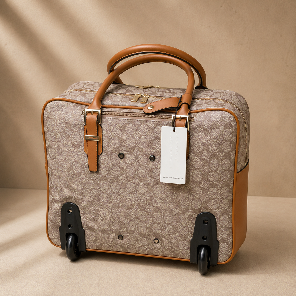 Patterned suitcase with brown handle and wheels on a beige background