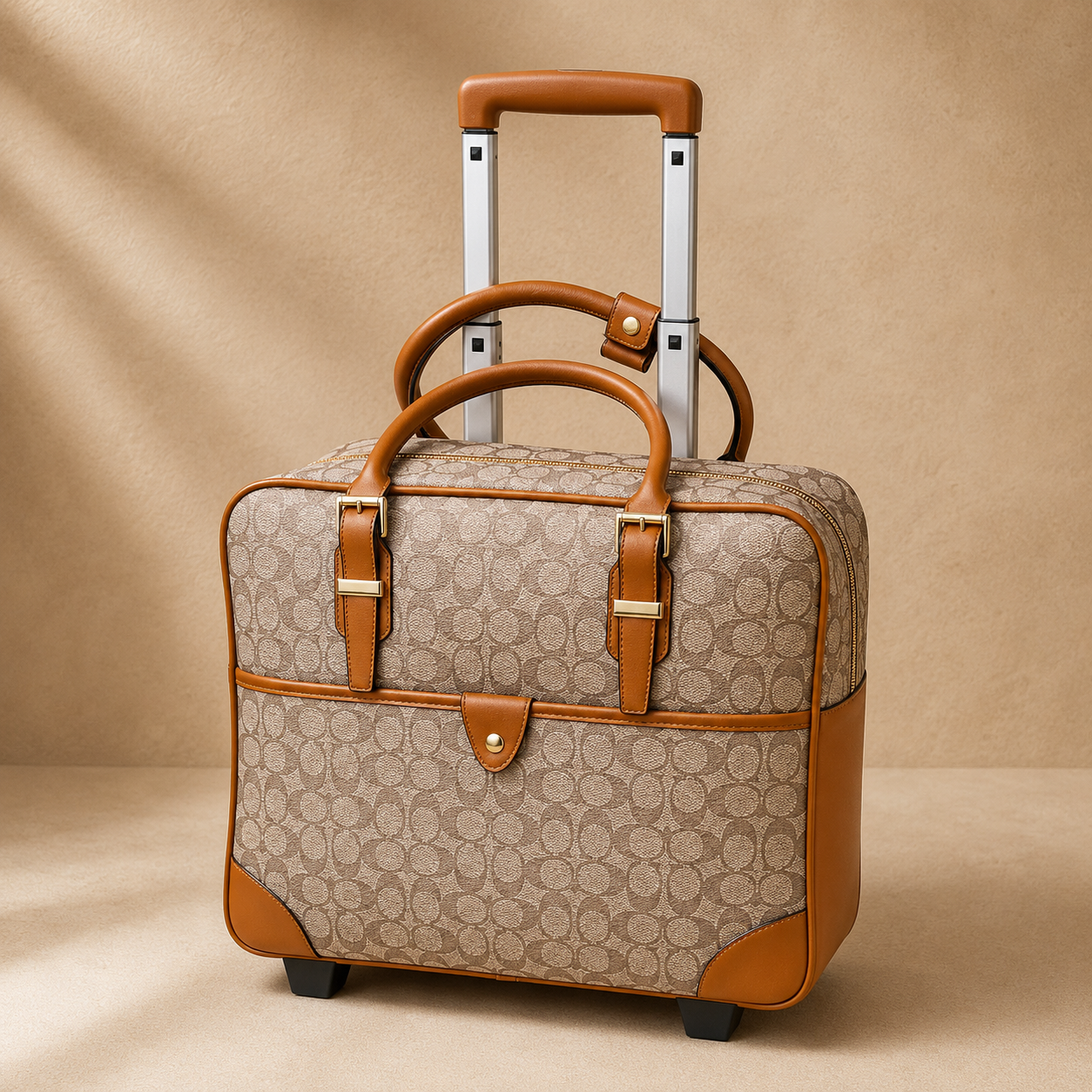 Patterned suitcase with brown handles and trim on a beige background
