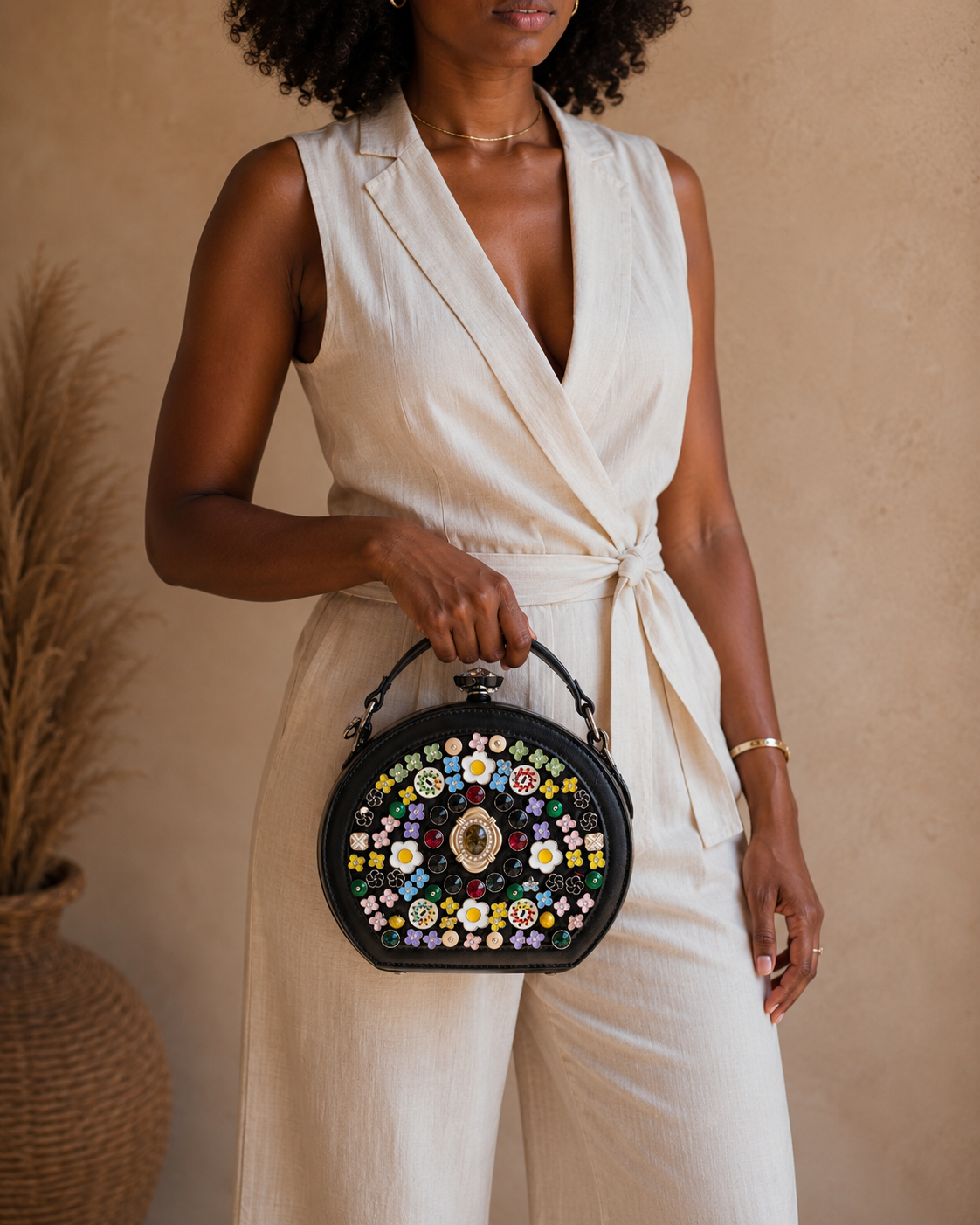 Woman holding a floral handbag against a beige background