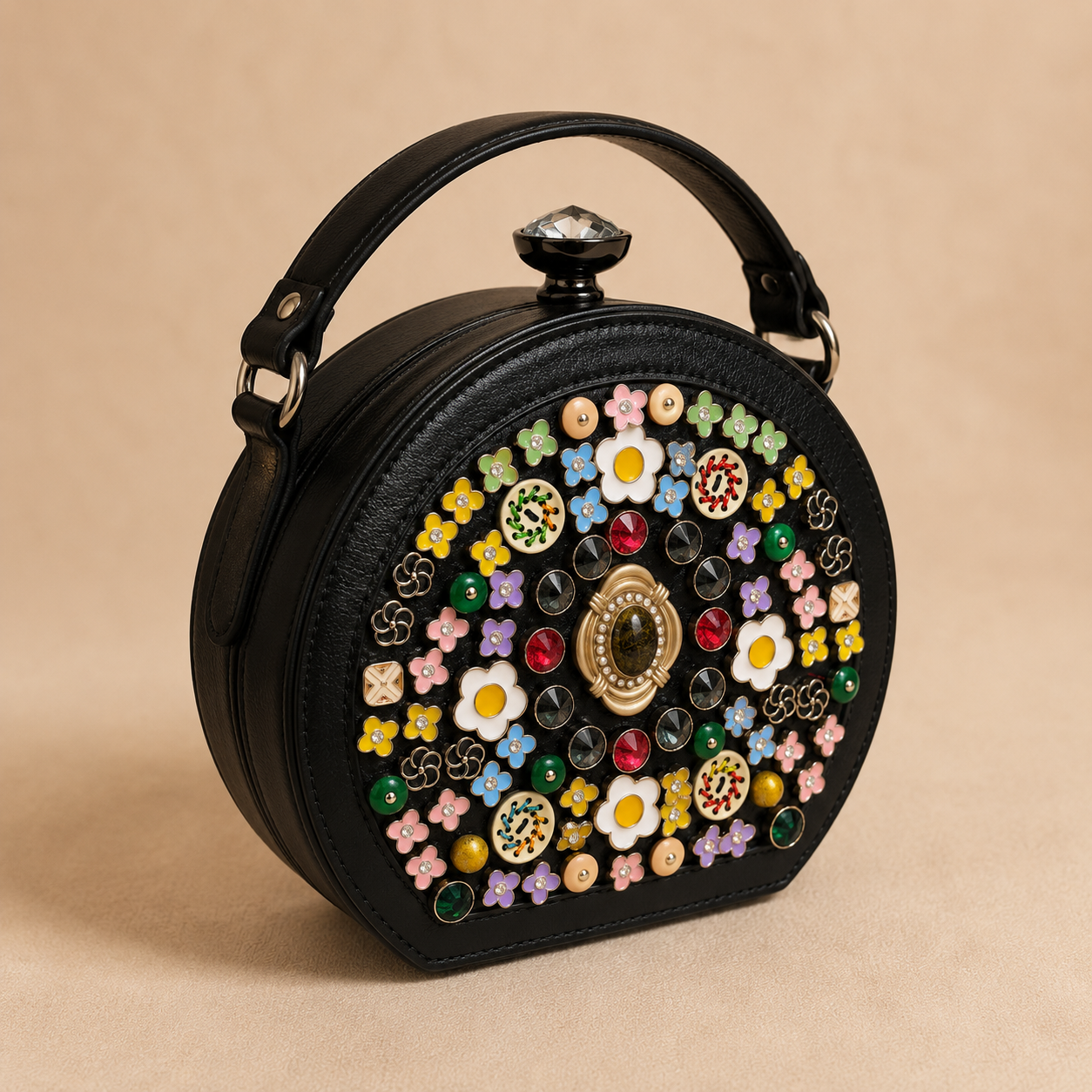 Black handbag with colorful floral embellishments on a beige background