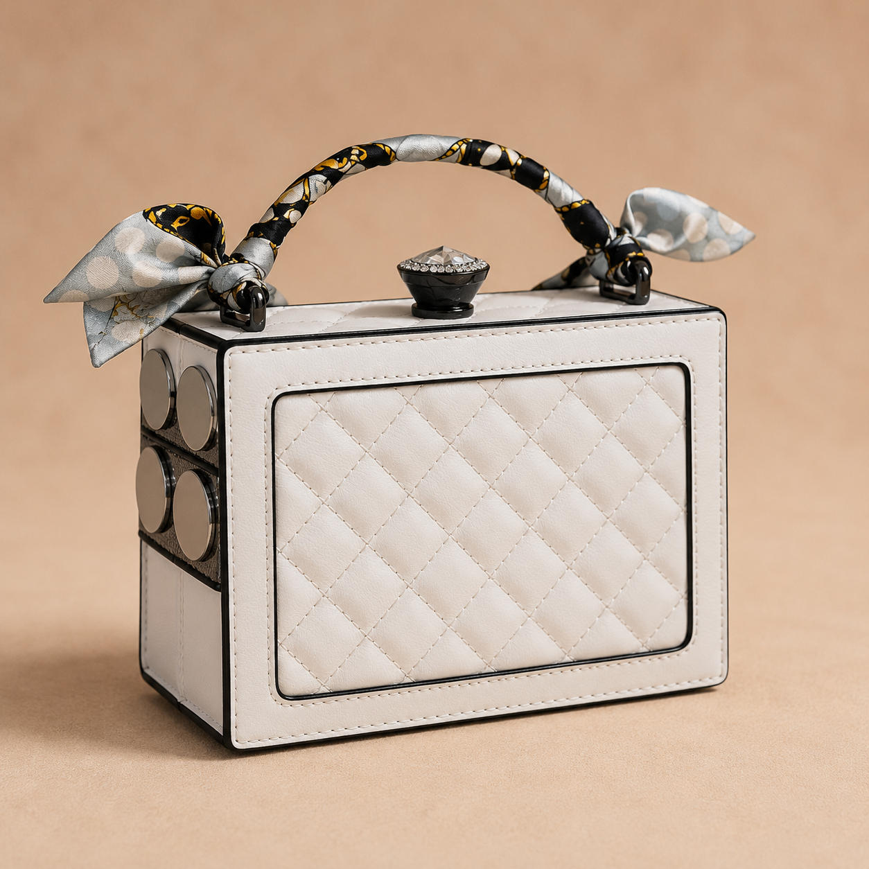 White quilted handbag with decorative handle on a beige background