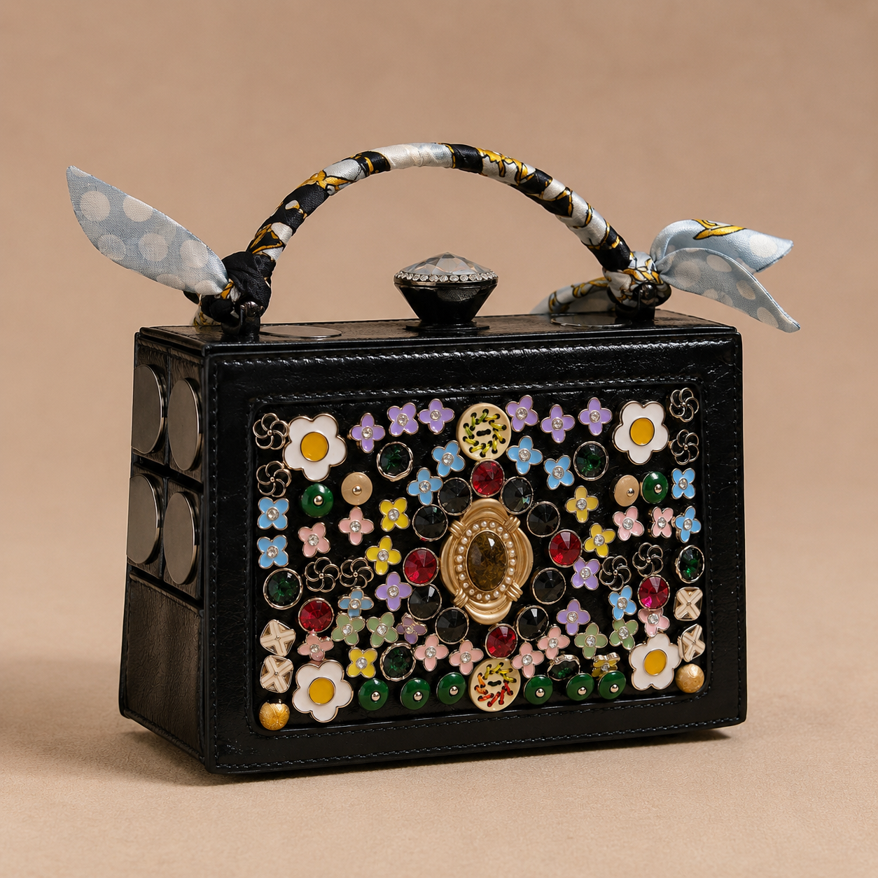 Decorative handbag with colorful embellishments on a beige background