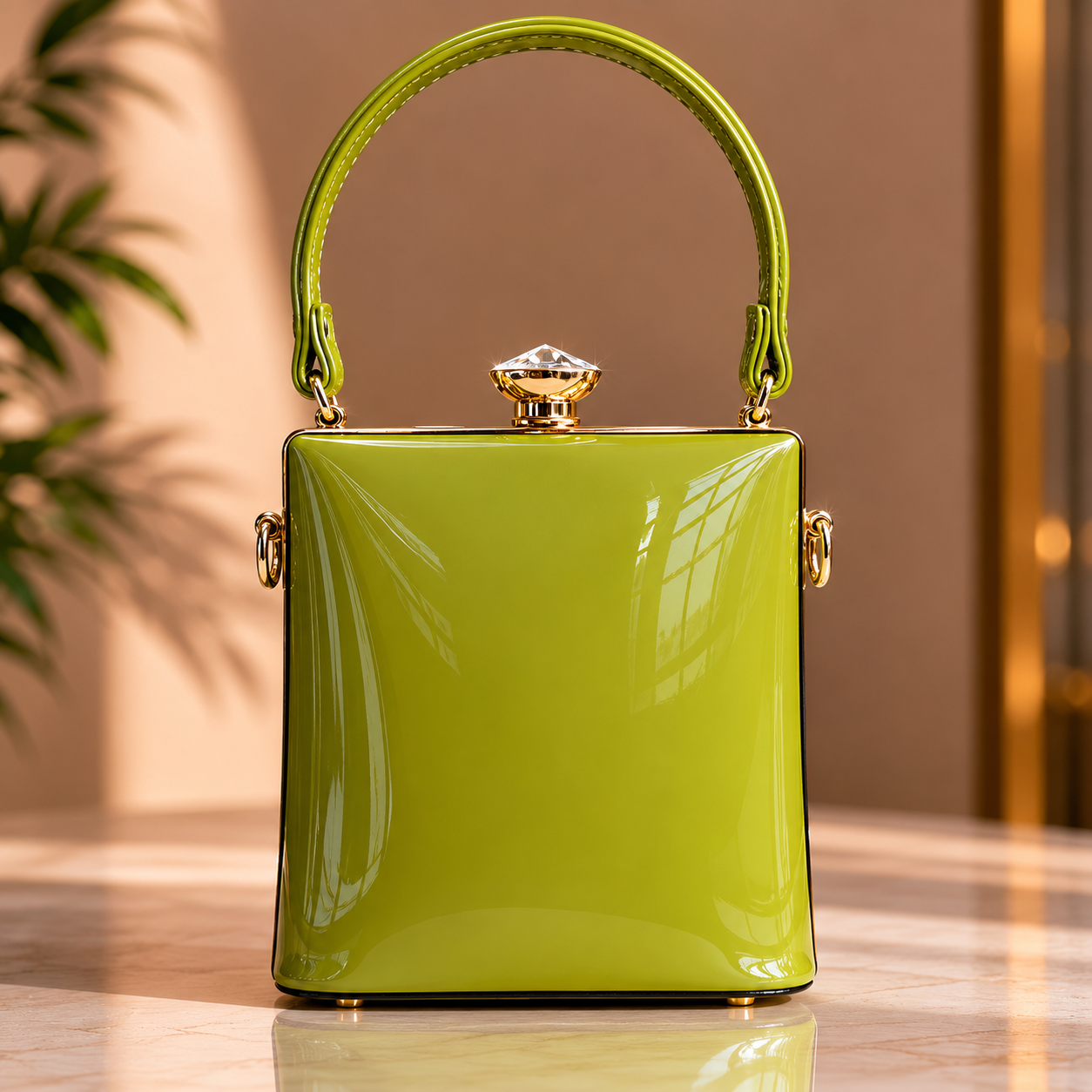 Green handbag with a decorative clasp on a reflective surface