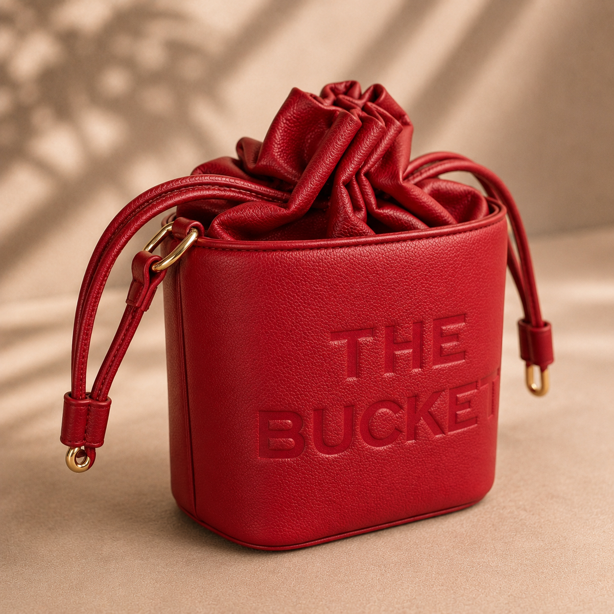 Red leather bucket bag with 'THE BUCKET' embossed on a beige background