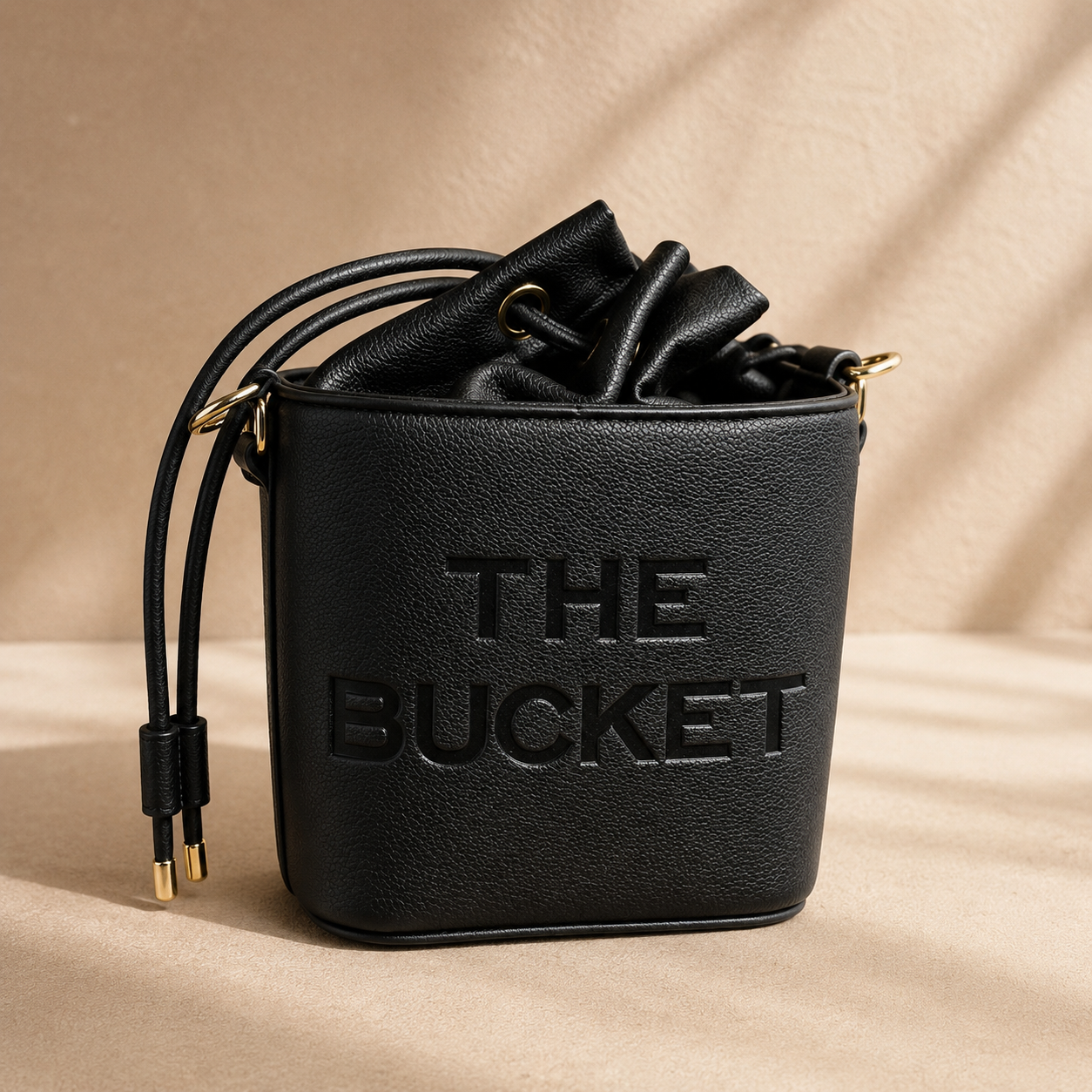 Black leather bucket bag with 'THE BUCKET' embossed on a beige background